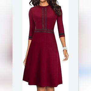HOMEYEE FASHION Burgundy 3/4 Sleeve Fit and Flare Dress.  4